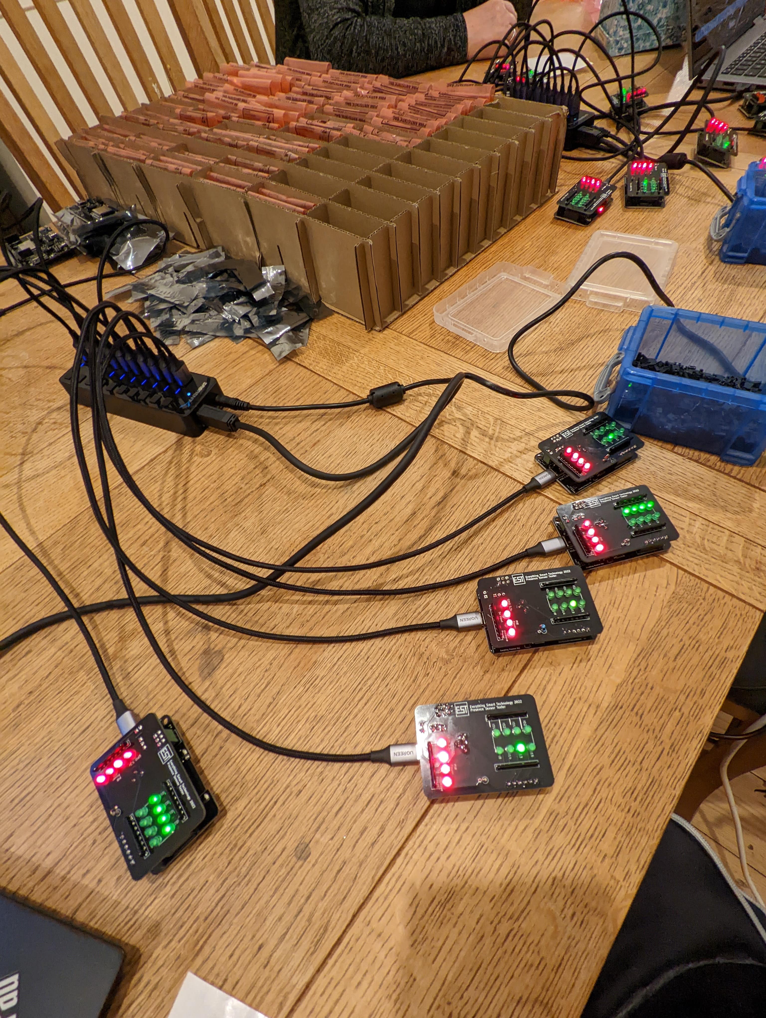 Everything Presence One on a testing  jig to check for faults before shipping for the first batch